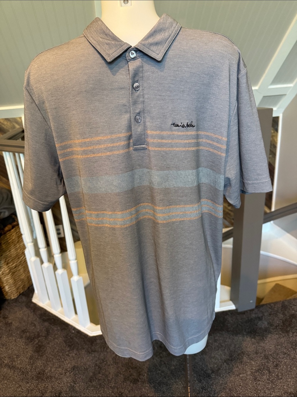 Travis Mathew Light Gray Polo with Tan Stripe Accents
